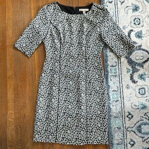 3/4 sleeve banana republic fitted cocktail white leopard print dress